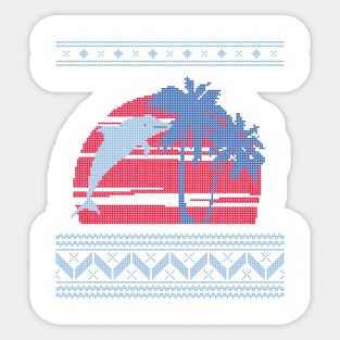 Blue, Light Blue and Red Palm Tree and Dolphin Ugly Christmas Sweater Design Sticker